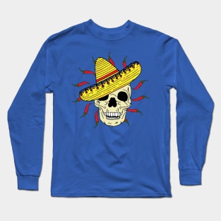 Skeleton Skull Wearing Sombrero with Chillies Long Sleeve T-Shirt